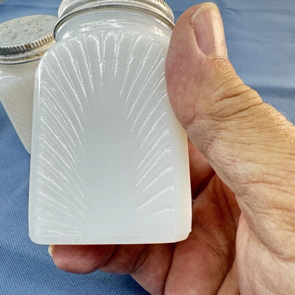 Antique White Glass Salt & Pepper Shakers Set Refillable Silver Metal Tops 4.25